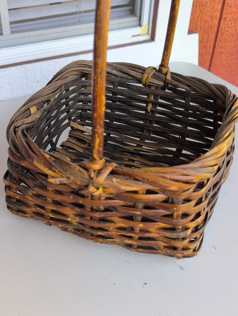 Rare! Vtg.Philippines Woven Bamboo  Square Willow Basket with Handle(226)